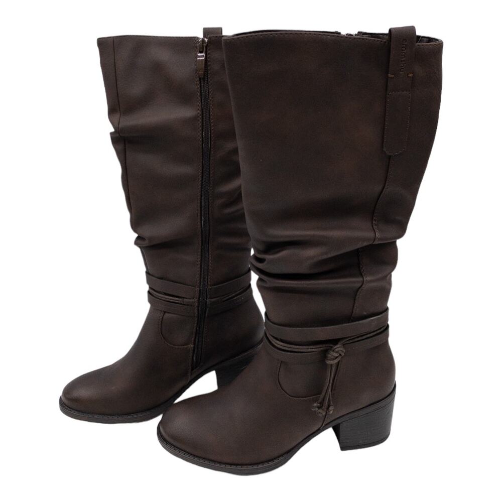 Emmshu Pino Brown Strap-Accent Round Toe Heeled Western Boot Women's 8